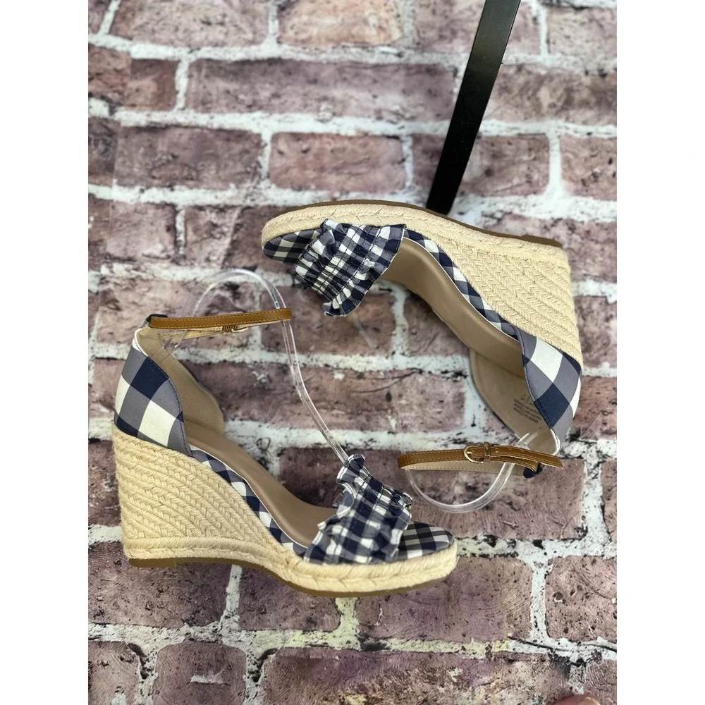 Draper James RSVP Navy Gingham Ruffle Espadrille Wedge Sandals Womens 9 Buffalo
